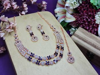 Blue rose gold premium designer american diamond and stone work necklace set 2