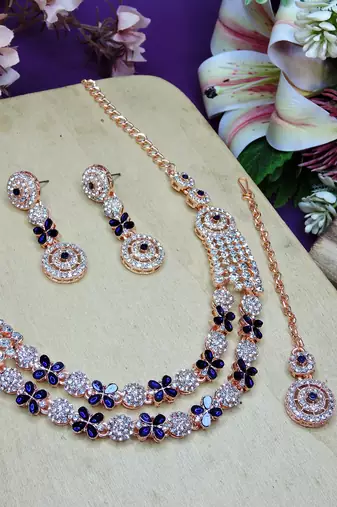 Blue rose gold premium designer american diamond and stone work necklace set