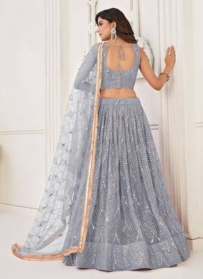 Light Grey Net Embroidered & Thread Work Semi Stitched Lehenga Choli 4