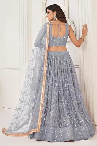 Light Grey Net Embroidered & Thread Work Semi Stitched Lehenga Choli