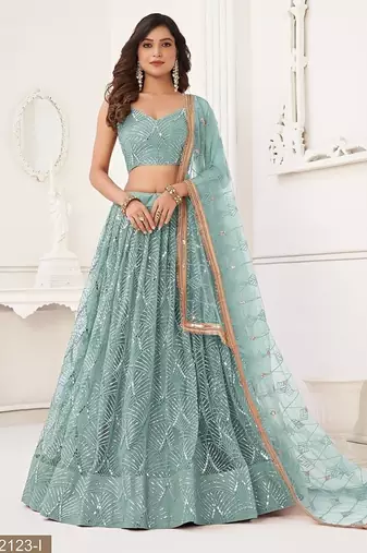 Blue Net Embroidered & Thread Work Semi Stitched Lehenga Choli