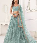 Blue Net Embroidered & Thread Work Semi Stitched Lehenga Choli