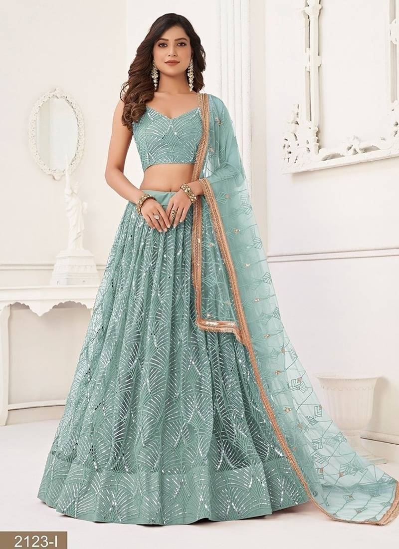 Blue Net Embroidered & Thread Work Semi Stitched Lehenga Choli