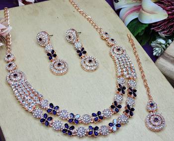 Blue rose gold premium designer american diamond and stone work necklace set 3