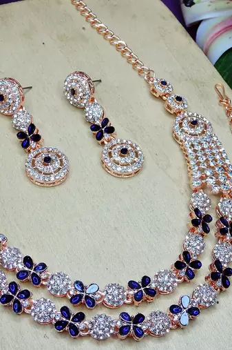 Blue rose gold premium designer american diamond and stone work necklace set