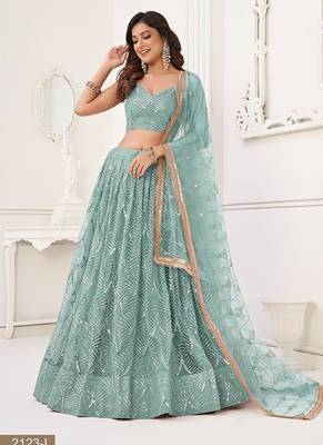 Blue Net Embroidered & Thread Work Semi Stitched Lehenga Choli 2