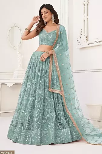 Blue Net Embroidered & Thread Work Semi Stitched Lehenga Choli