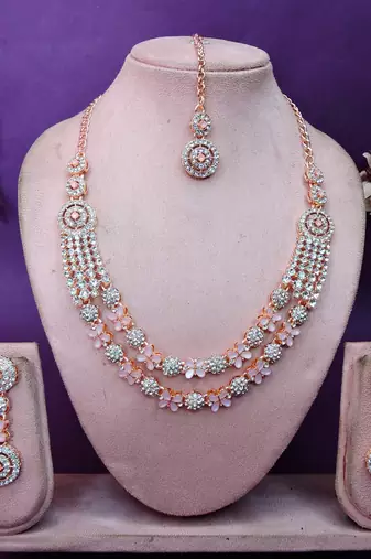 Pink rose gold premium designer american diamond and stone work necklace set