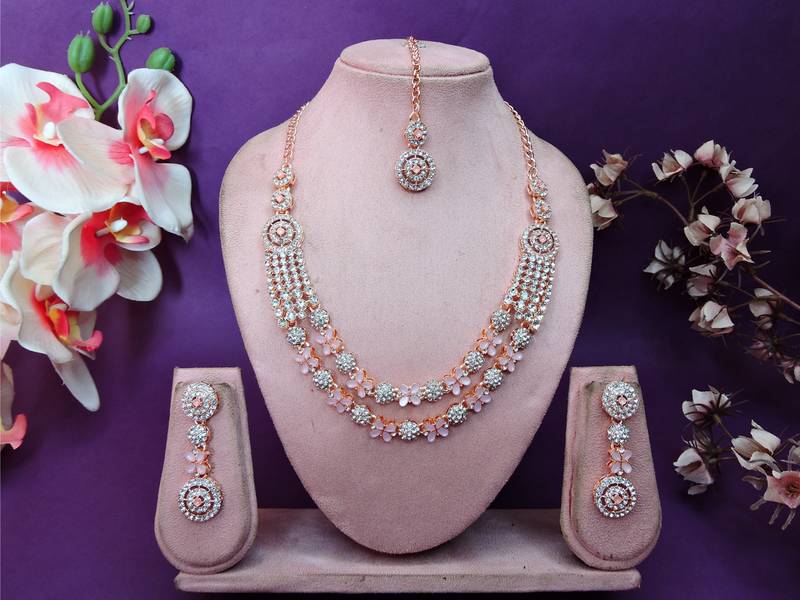 Pink rose gold premium designer american diamond and stone work necklace set