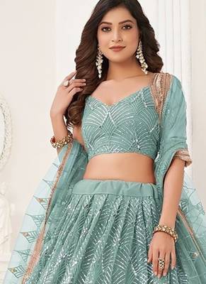 Blue Net Embroidered & Thread Work Semi Stitched Lehenga Choli 3
