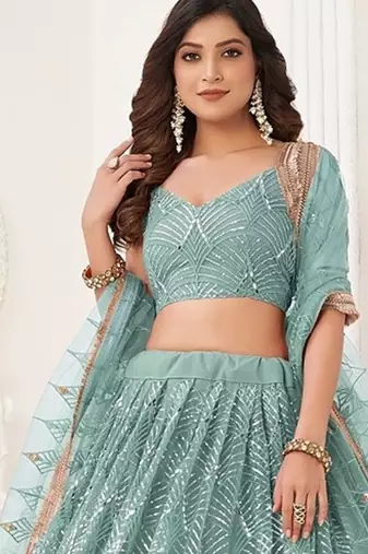 Blue Net Embroidered & Thread Work Semi Stitched Lehenga Choli