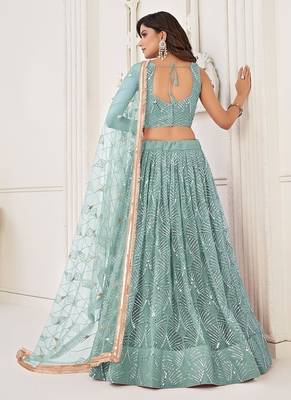 Blue Net Embroidered & Thread Work Semi Stitched Lehenga Choli 4