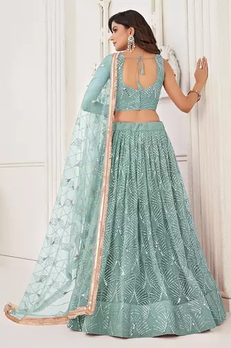 Blue Net Embroidered & Thread Work Semi Stitched Lehenga Choli