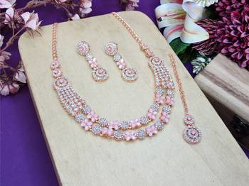 Pink rose gold premium designer american diamond and stone work necklace set 2
