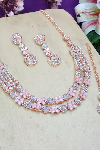 Pink rose gold premium designer american diamond and stone work necklace set