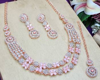 Pink rose gold premium designer american diamond and stone work necklace set 3