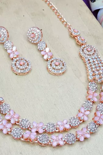 Pink rose gold premium designer american diamond and stone work necklace set