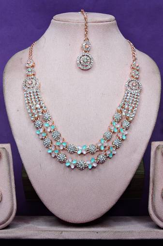 Green rose gold premium designer american diamond and stone work necklace set