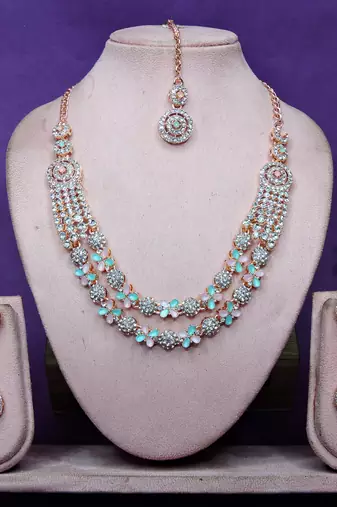 Green rose gold premium designer american diamond and stone work necklace set