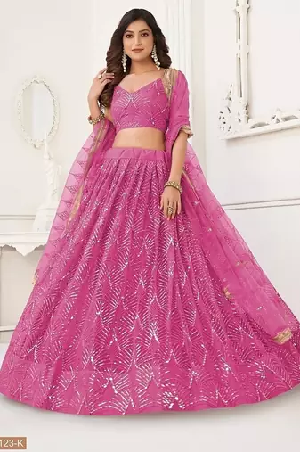 Pink Net Embroidered & Thread Work Semi Stitched Lehenga Choli