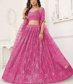 Pink Net Embroidered & Thread Work Semi Stitched Lehenga Choli