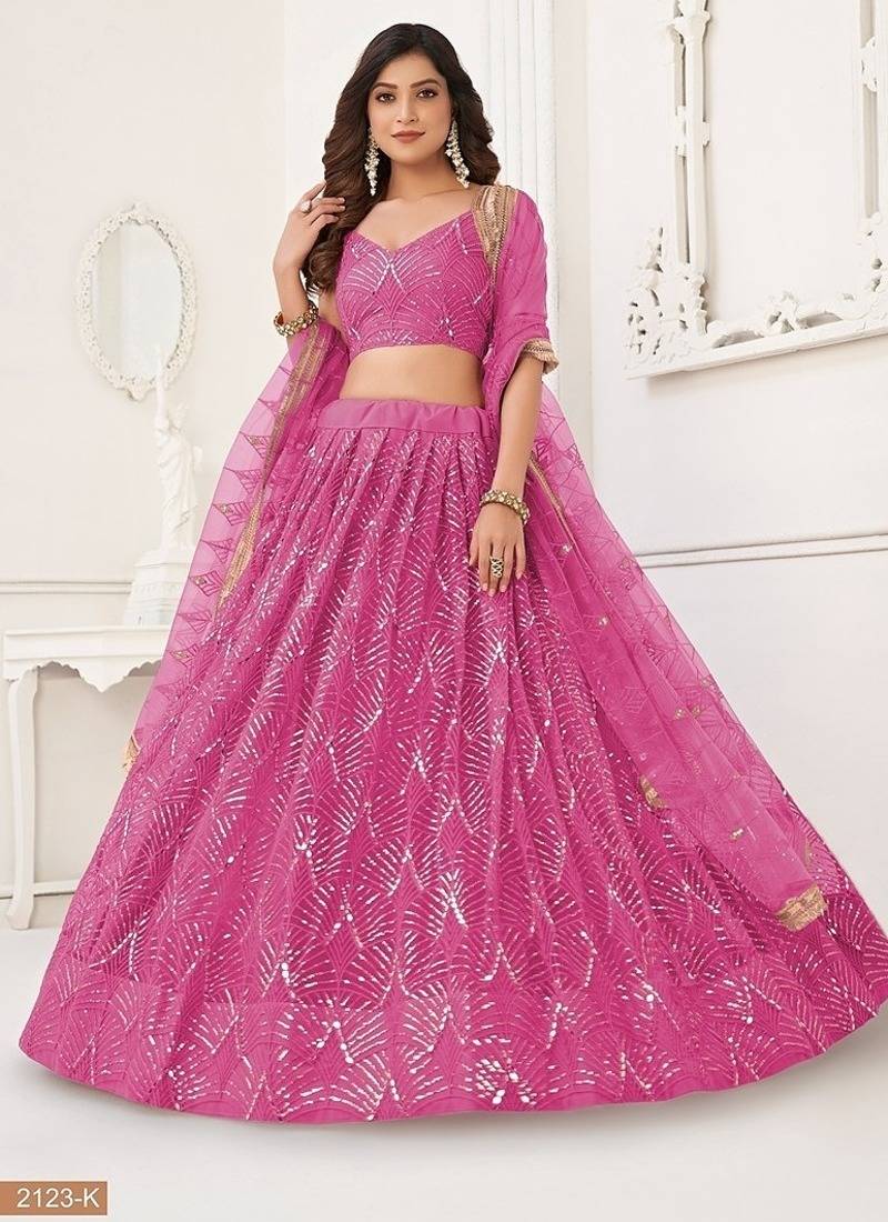 Pink Net Embroidered & Thread Work Semi Stitched Lehenga Choli