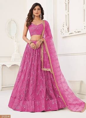 Pink Net Embroidered & Thread Work Semi Stitched Lehenga Choli 2