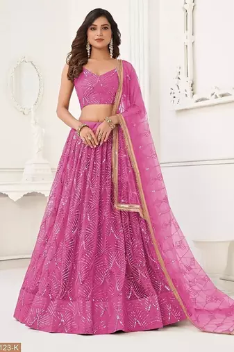 Pink Net Embroidered & Thread Work Semi Stitched Lehenga Choli