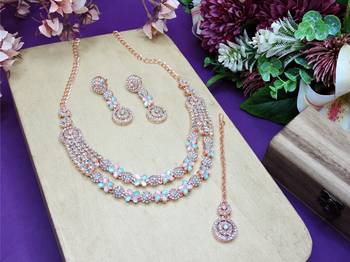 Green rose gold premium designer american diamond and stone work necklace set 2