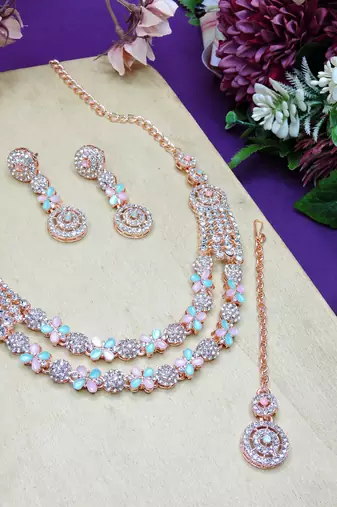 Green rose gold premium designer american diamond and stone work necklace set