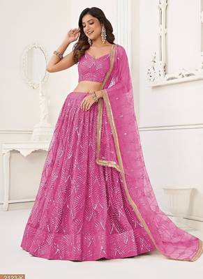 Pink Net Embroidered & Thread Work Semi Stitched Lehenga Choli 3