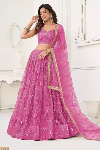 Pink Net Embroidered & Thread Work Semi Stitched Lehenga Choli