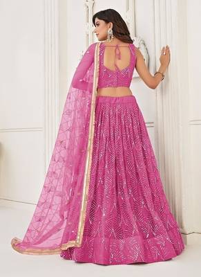 Pink Net Embroidered & Thread Work Semi Stitched Lehenga Choli 4