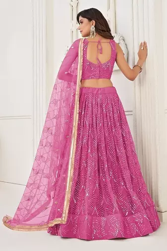 Pink Net Embroidered & Thread Work Semi Stitched Lehenga Choli