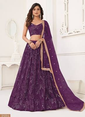Wine Net Embroidered & Thread Work Semi Stitched Lehenga Choli 1