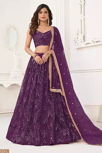 Wine Net Embroidered & Thread Work Semi Stitched Lehenga Choli