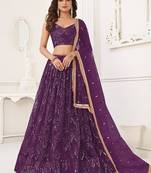Wine Net Embroidered & Thread Work Semi Stitched Lehenga Choli