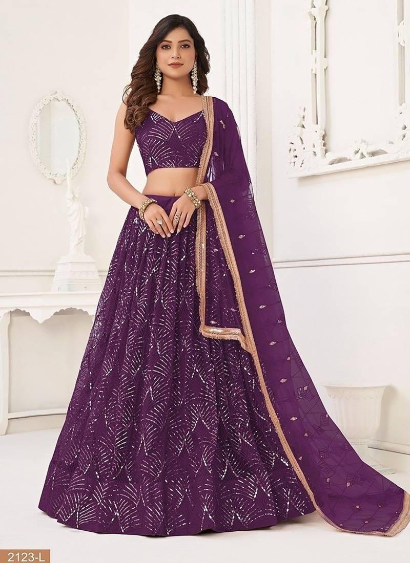 Wine Net Embroidered & Thread Work Semi Stitched Lehenga Choli
