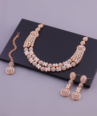 Green rose gold premium designer american diamond and stone work necklace set 3