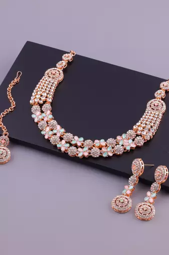 Green rose gold premium designer american diamond and stone work necklace set