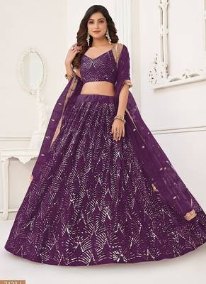 Wine Net Embroidered & Thread Work Semi Stitched Lehenga Choli 2