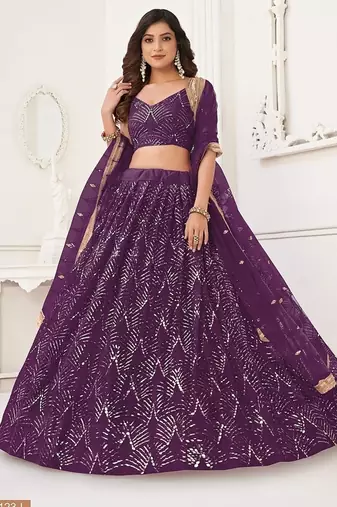Wine Net Embroidered & Thread Work Semi Stitched Lehenga Choli