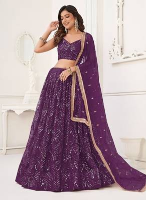 Wine Net Embroidered & Thread Work Semi Stitched Lehenga Choli 3