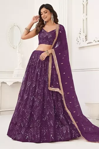 Wine Net Embroidered & Thread Work Semi Stitched Lehenga Choli