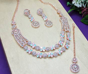 Green rose gold premium designer american diamond and stone work necklace set 4