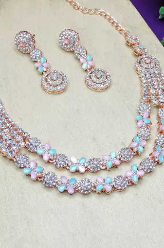 Green rose gold premium designer american diamond and stone work necklace set