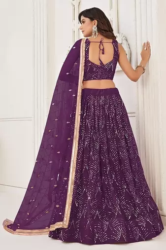 Wine Net Embroidered & Thread Work Semi Stitched Lehenga Choli