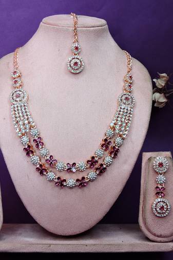 Purple rose gold premium designer american diamond and stone work necklace set