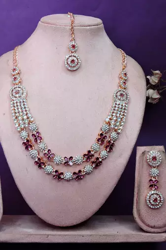 Purple rose gold premium designer american diamond and stone work necklace set