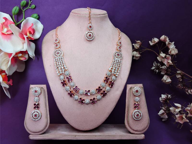 Purple rose gold premium designer american diamond and stone work necklace set